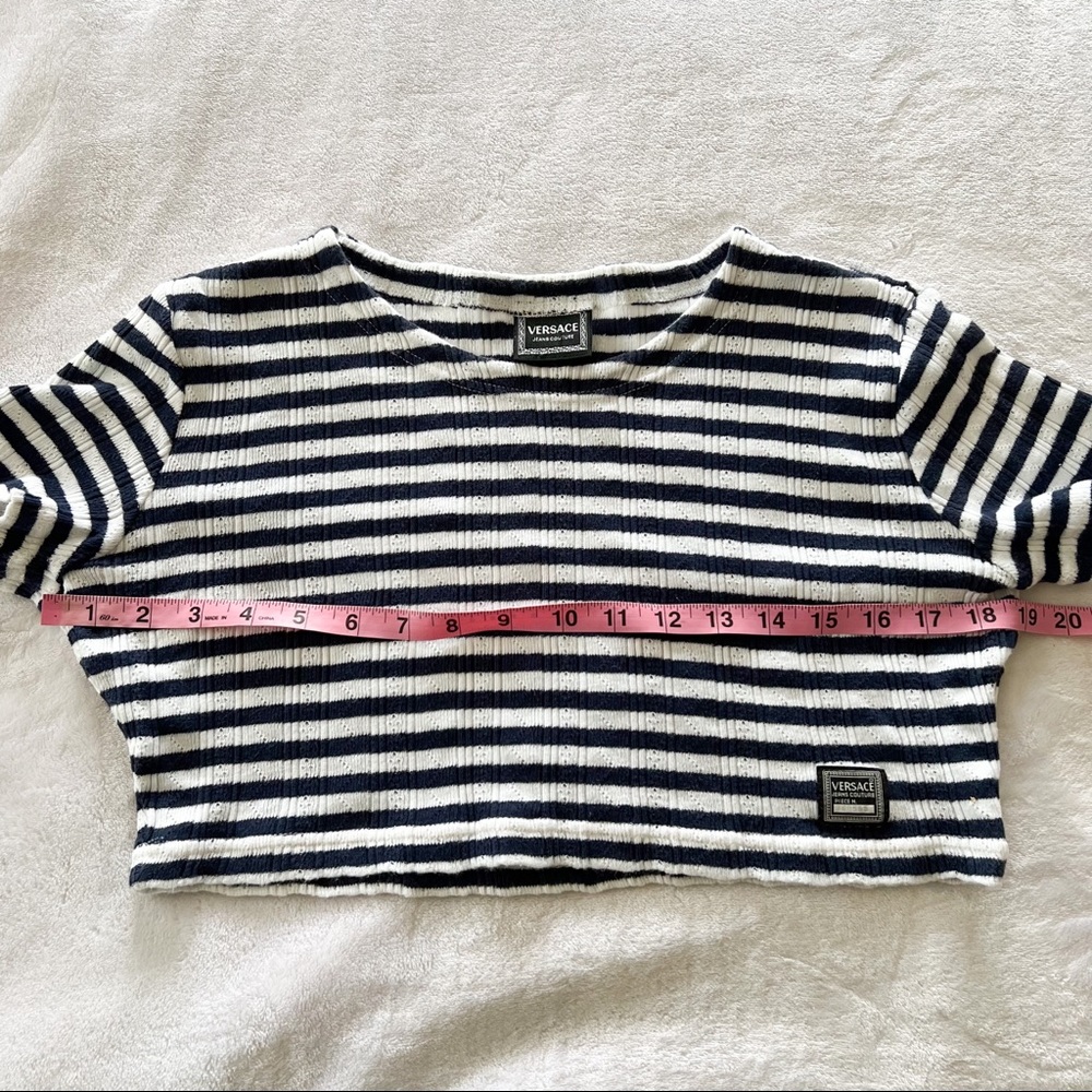 Vintage 90s Versace Jeans Couture Blue And White Striped Cotton Knit Crop Top - Picture 8 of 11
